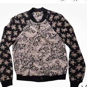 Free People Black Floral Snap Bomber Jacket - Size Small